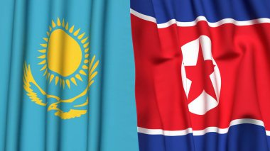 Gerçekçi kumaş dokusuna sahip KAZAKHSTAN ve KOREA North bayrakları