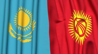 Gerçekçi kumaş dokusuna sahip KAZAKHSTAN ve KYRGYZSTAN bayrakları