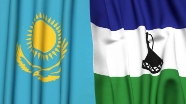 Gerçekçi kumaşlı KAZAKHSTAN ve LESOTHO bayrakları