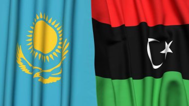 Gerçekçi kumaş dokusuna sahip KAZAKHSTAN ve LIBYA bayrakları