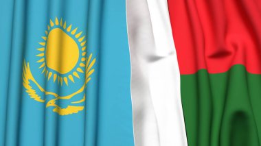 Gerçekçi kumaş dokusuna sahip KAZAKHSTAN ve MADAGASCAR bayrakları