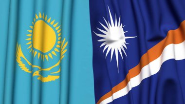 KAZAKHSTAN ve MARSHALL Adaları bayrakları gerçekçi kumaş dokusuyla