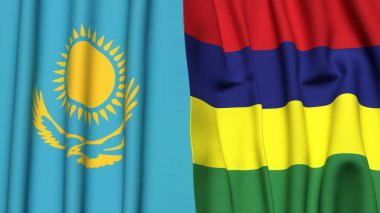Gerçekçi kumaş dokusuna sahip KAZAKHSTAN ve MAURITIUS bayrakları