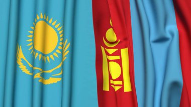 Gerçekçi kumaşlı KAZAKHSTAN ve Moğolistan bayrakları