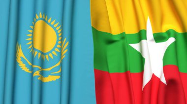 Gerçekçi kumaşlı KAZAKHSTAN ve Myanmar bayrakları