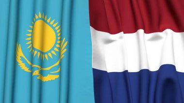 Gerçekçi kumaş dokusuna sahip KAZAKHSTAN ve NETHERLANDS bayrakları