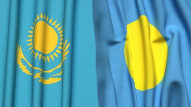 Gerçekçi kumaş dokusuna sahip KAZAKHSTAN ve PALAU bayrakları
