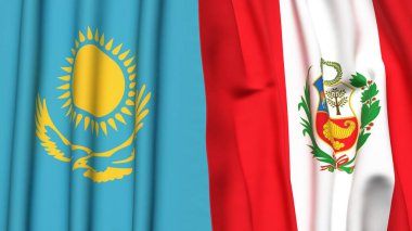 Gerçekçi kumaşlı KAZAKHSTAN ve Peru bayrakları