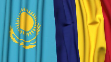 Gerçekçi kumaşlı KAZAKHSTAN ve ROMANIA bayrakları