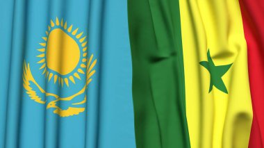 Gerçekçi kumaş dokusuna sahip KAZAKHSTAN ve SENEGAL bayrakları