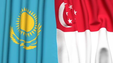 Gerçekçi kumaş dokusuna sahip KAZAKHSTAN ve SINGAPORE bayrakları