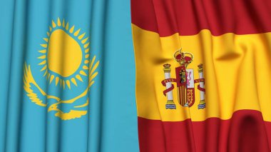 Gerçekçi kumaş dokusuna sahip KAZAKHSTAN ve SPAIN bayrakları