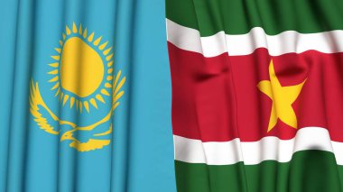 Gerçekçi kumaş desenli KAZAKHSTAN ve SURINAME bayrakları
