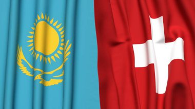 Gerçekçi kumaş dokusuna sahip KAZAKHSTAN ve SWitzERLAND bayrakları