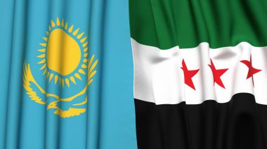 Gerçekçi kumaş dokusuna sahip KAZAKHSTAN ve SYRIA bayrakları