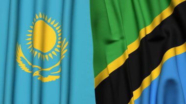 Gerçekçi kumaşlı KAZAKHSTAN ve TANZANIA bayrakları