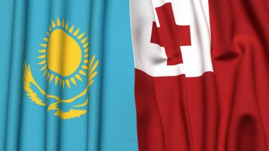 Gerçekçi kumaş dokusuna sahip KAZAKHSTAN ve TONGA bayrakları