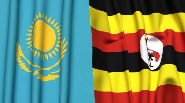 Gerçekçi kumaş dokusuna sahip KAZAKHSTAN ve UGANDA bayrakları