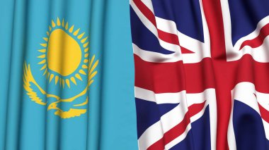 Gerçekçi kumaş dokusuna sahip KAZAKHSTAN ve UNITED KINGDOM bayrakları