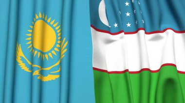Gerçekçi kumaş dokusuna sahip KAZAKHSTAN ve UZBEKISTAN bayrakları