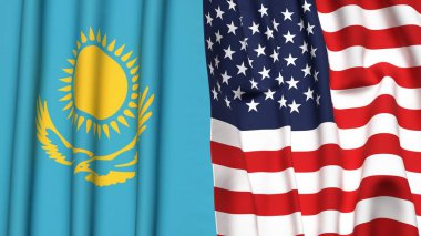Gerçekçi kumaş dokusuna sahip KAZAKHSTAN ve ABD bayrakları