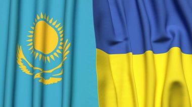 Gerçekçi kumaş dokusuna sahip KAZAKHSTAN ve UKRAINE bayrakları