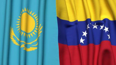 Gerçekçi kumaş dokusuna sahip KAZAKHSTAN ve Venezuela bayrakları