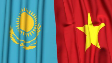 Gerçekçi kumaş dokusuna sahip KAZAKHSTAN ve VİETNAM bayrakları