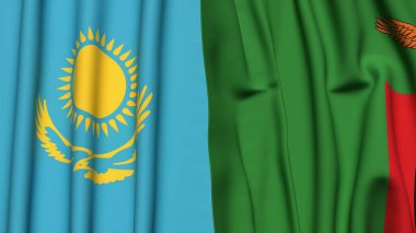 Gerçekçi kumaş dokusuna sahip KAZAKHSTAN ve ZAMBIA bayrakları