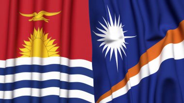 KIRIBATI ve MARSHALL Adaları bayrakları gerçekçi kumaş dokusuyla