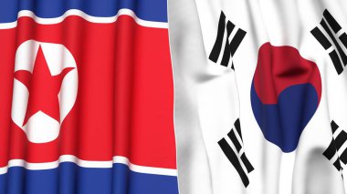 Kuzey Kore ve Güney Kore bayrakları gerçekçi kumaş dokusuna sahipler.
