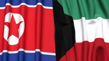 KOREA Kuzey ve KUWAIT bayrakları gerçekçi kumaş dokusuyla