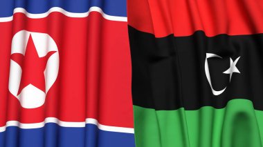 KOREA Kuzey ve Libya bayrakları gerçekçi kumaş dokusuna sahip