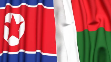 KOREA Kuzey ve MADAGASCAR bayrakları gerçekçi kumaş dokusuna sahip