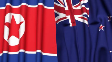 Kuzey Kore ve Yeni Zelanda bayrakları gerçekçi kumaş dokusuna sahip.