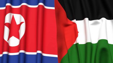 Kuzey Kore ve Filistin 'in gerçekçi kumaş dokusuna sahip bayrakları