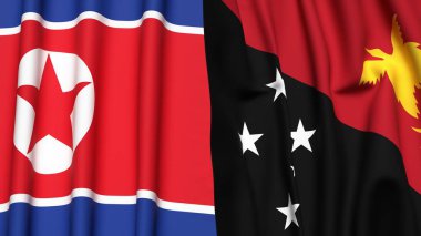 KOREA Kuzey ve PAPUA Yeni Guinea bayrakları gerçekçi kumaş dokusuyla