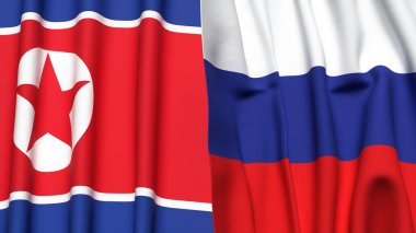 Gerçekçi kumaş dokusuna sahip Kore Kuzey ve Rusya bayrakları