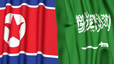 KOREA Kuzey ve SAUDI ARABIA bayrakları gerçekçi kumaş dokusuyla
