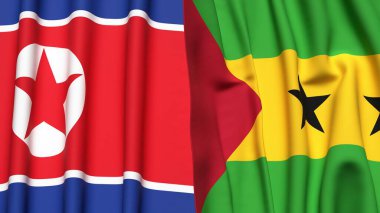 KOREA Kuzey ve SAO TOME bayrakları gerçekçi kumaş dokusuyla