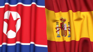 Kore 'nin Kuzeyi ve İspanya' nın gerçekçi kumaş dokusuyla bayrakları