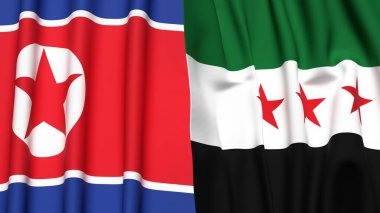 Gerçekçi kumaş dokusuna sahip Kuzey Kore ve SYRIA bayrakları