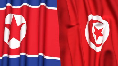 KOREA Kuzey ve TUNISIA bayrakları gerçekçi kumaş dokusuyla