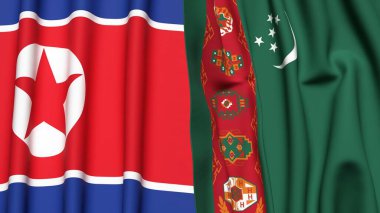 KOREA Kuzey ve Türkmenistan bayrakları gerçekçi kumaş dokusuna sahip
