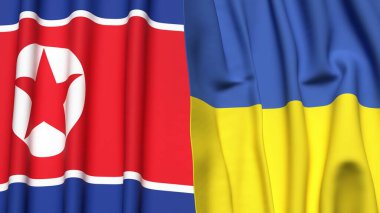 KOREA Kuzey ve UKRAINE bayrakları gerçekçi kumaş dokusuyla