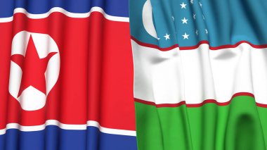 Kuzey Kore ve UZBEKISTAN bayrakları gerçekçi kumaş dokusuyla