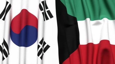 Güney Kore ve KUWAIT bayrakları gerçekçi kumaş dokusuyla