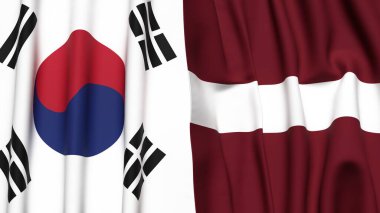 Güney Kore ve LATVIA bayrakları gerçekçi kumaş dokusuna sahip.