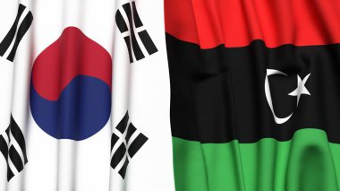 Güney Kore ve Libya 'nın gerçekçi kumaş dokusuna sahip bayrakları