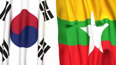 Güney Kore ve Myanmar 'ın gerçekçi kumaş dokusuna sahip bayrakları